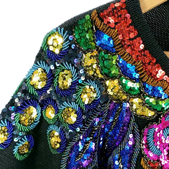 Vtg Lindsey Blake Black Sweater Women's S Multicolor Sequins Beads Wearable Art - Picture 4 of 11
